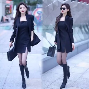 时尚休闲西服套装女202t4春秋新款宽松外套修身开叉连衣裙两件套