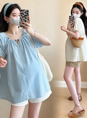 2025孕期孕妇夏装新款洋气上衣t恤法式温柔气质宽松遮肚娃娃衫女