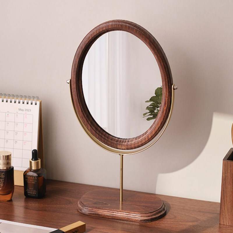 家用桌面复古实木化妆镜木质中式立式可旋转梳妆镜卧室台式镜子