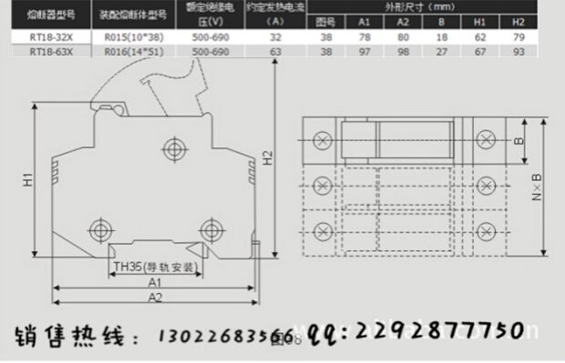 RT18-63X 4P导轨按装保险丝熔断器底座带指示灯加厚铜件