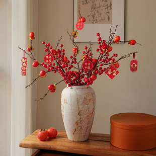 插冬青花瓶北美冬青红果仿真花复古花瓶发财红果树枝新年装饰摆件