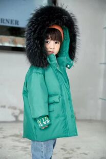 婴幼儿羽绒服外套白鸭绒填充加厚中长款带毛领绿色男女童潮流款