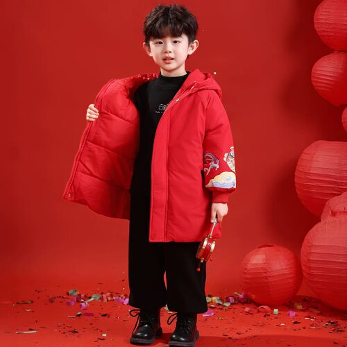婴幼儿男童外套羽绒棉服保暖外套连帽中长款2岁3岁拜年服新年外套