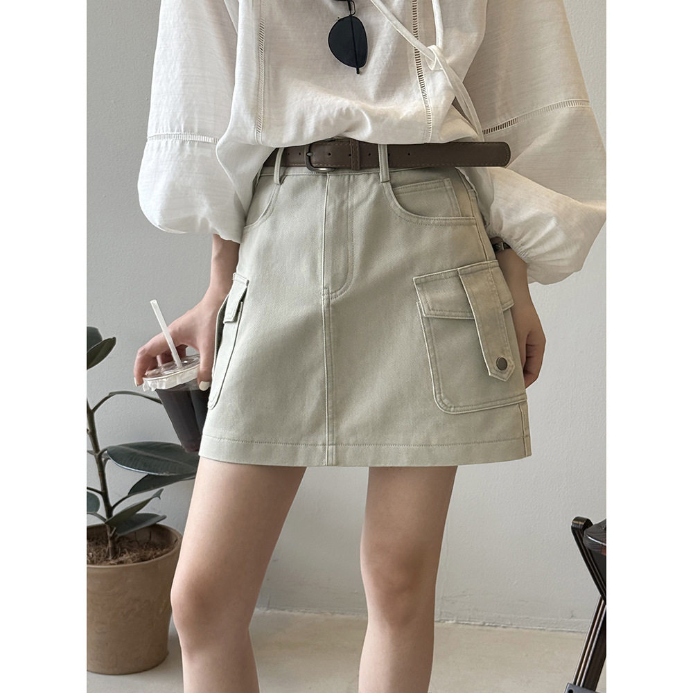 双口袋工装a字短裙女 夏季高腰遮胯显瘦带防走光半身裙82303