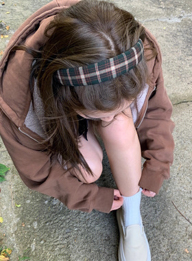 ins美式复古绿色格子发箍女百搭宽边成人头箍发饰女春秋学院风