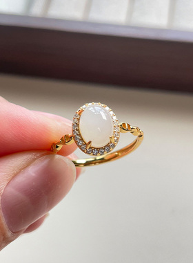 和田玉蛋面戒指白玉银镶s925银活口可调节简约百搭国风女士送礼