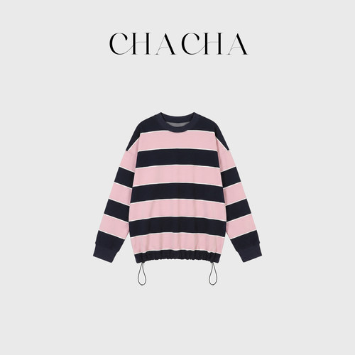 CHACHA【高智街感】休闲时尚百搭粉色条纹长袖t恤