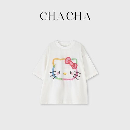 CHACHA【萌猫印迹】休闲时尚白底HelloKitty莱赛尔T恤