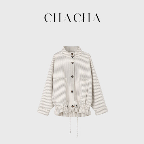 CHACHA【素纹闲衫】休闲时尚百搭天丝亚麻立领抽绳外套