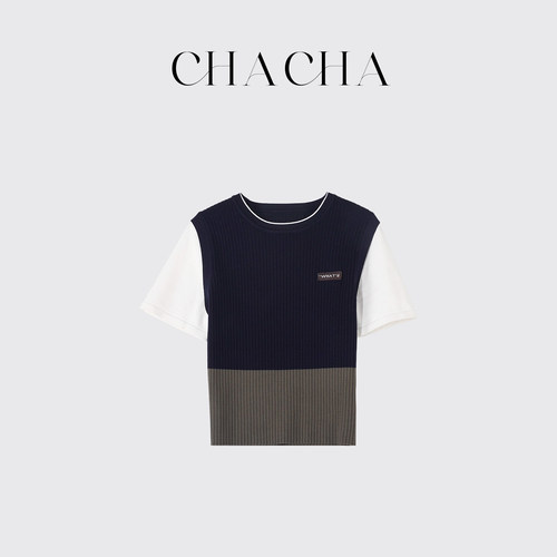 CHACHA【浅夏时光】休闲时尚百搭藏青拼军绿短t