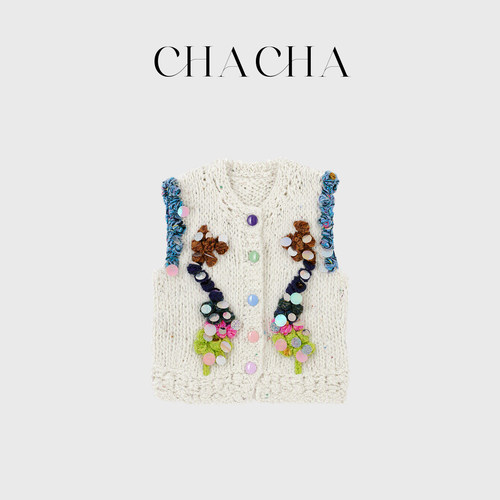 CHACHA【手工彩绘毛衣】休闲时尚百搭白色手打彩扣马甲