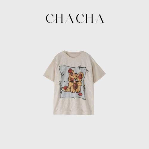 CHACHA【网纱小熊】休闲时尚百搭网纱小熊印花拼纯色t恤