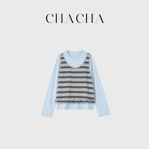 CHACHA【海盐碎纹】休闲时尚百搭条纹拼接蓝色T恤