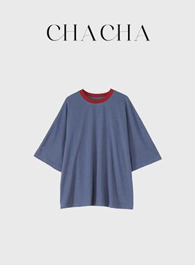 CHACHA【撞色T】休闲时尚百搭红色领口撞色蓝T恤