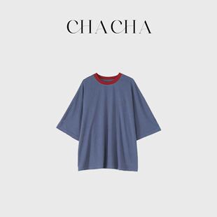 CHACHA【汉麻T】休闲时尚百搭红色领口撞色蓝T恤