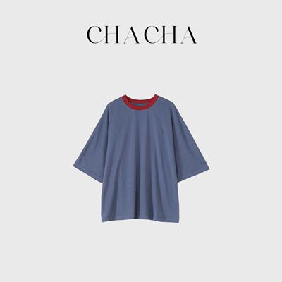CHACHA【撞色T】休闲时尚百搭红色领口撞色蓝T恤