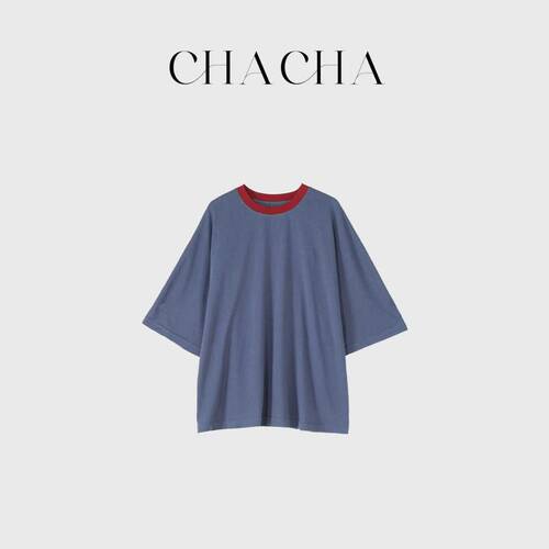 CHACHA【撞色T】休闲时尚百搭红色领口撞色蓝T恤