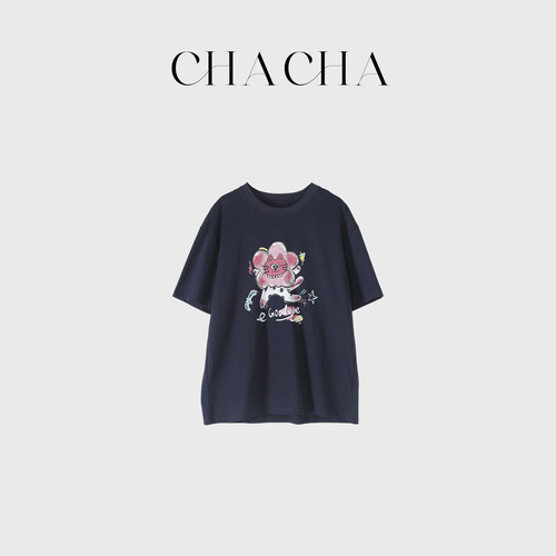 CHACHA【大花猫咪T】休闲时尚百搭大花猫咪印花T恤