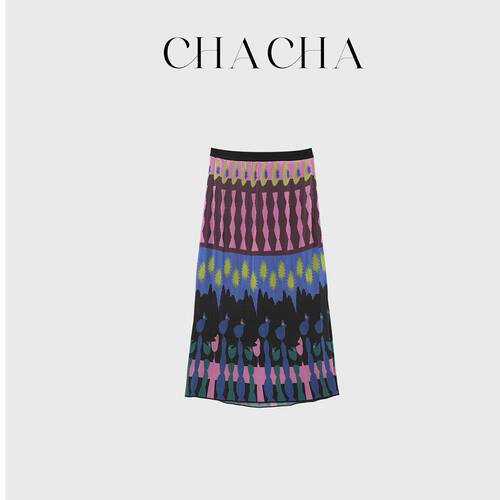 CHACHA【夏日序曲】休闲时尚百搭黑紫色数码印花半裙