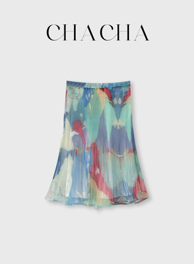 CHACHA【晕染青岚】休闲时尚百搭山水印花压褶半裙