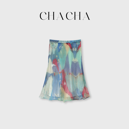 CHACHA【晕染青岚】休闲时尚百搭山水印花压褶半裙