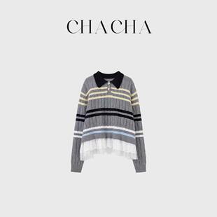 CHACHA【针织花边毛衣】休闲时尚百搭灰色条纹针织花边毛衣
