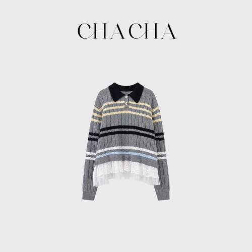 CHACHA【针织花边毛衣】休闲时尚百搭灰色条纹针织花边毛衣