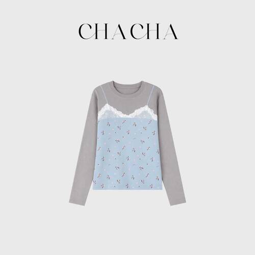 CHACHA【威尼斯晚风】休闲时尚百搭浅蓝碎花拼灰长t恤