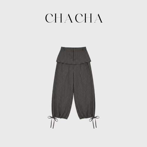 CHACHA【咖条屁帘裤】休闲时尚百搭咖色条纹屁帘长裤