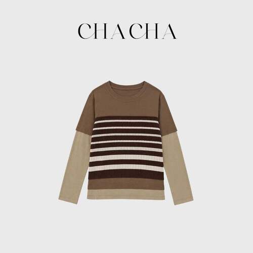 CHACHA【毛织拼接T】休闲时尚百搭毛织条纹拼接针织长t恤