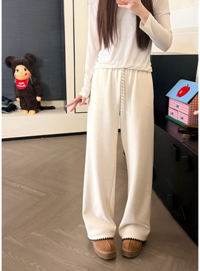 CHACHA【蒂斯协奏】休闲时尚百搭加绒贝壳绣撞色抽绳直筒裤