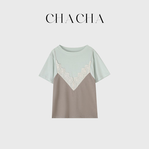 CHACHA【霜涧】休闲时尚百搭蕾丝拼接假两件T恤