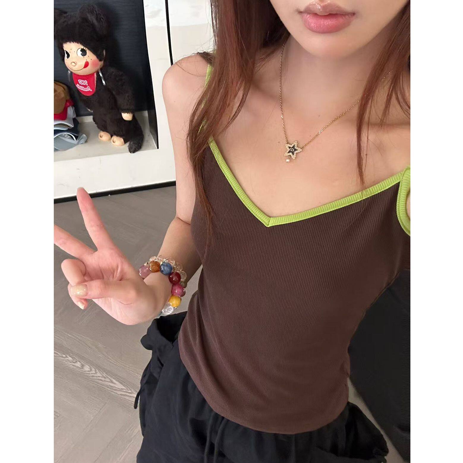 CHACHA【棕绿色调】休闲时尚百搭吊带背心