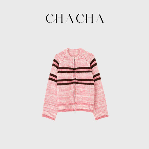 CHACHA【麦田毛衣】休闲时尚百搭粉色双杠毛衣外套