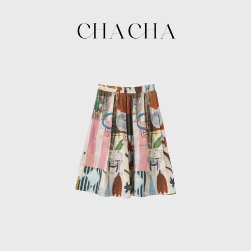 CHACHA【暮彩织梦】休闲时尚百搭彩色涂鸦半裙