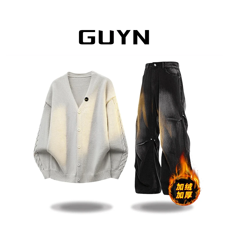 品牌正品现货】GUYN慵懒风V领开衫毛衣男士秋冬季宽松休闲针织衫