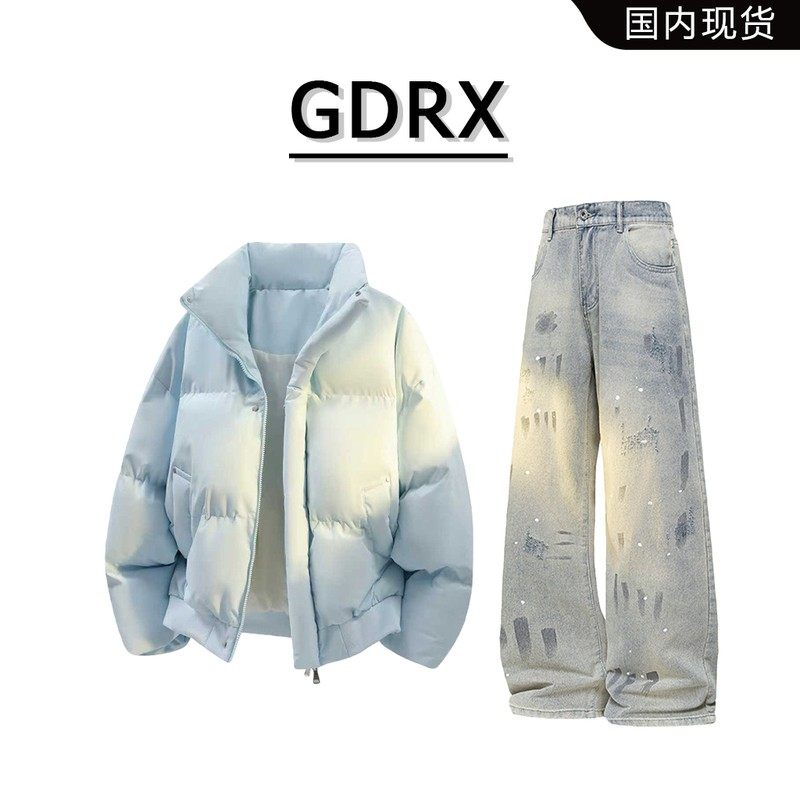 GDRX美式高级感棉衣套装男款2026春季新款休闲宽松牛仔裤子两件套