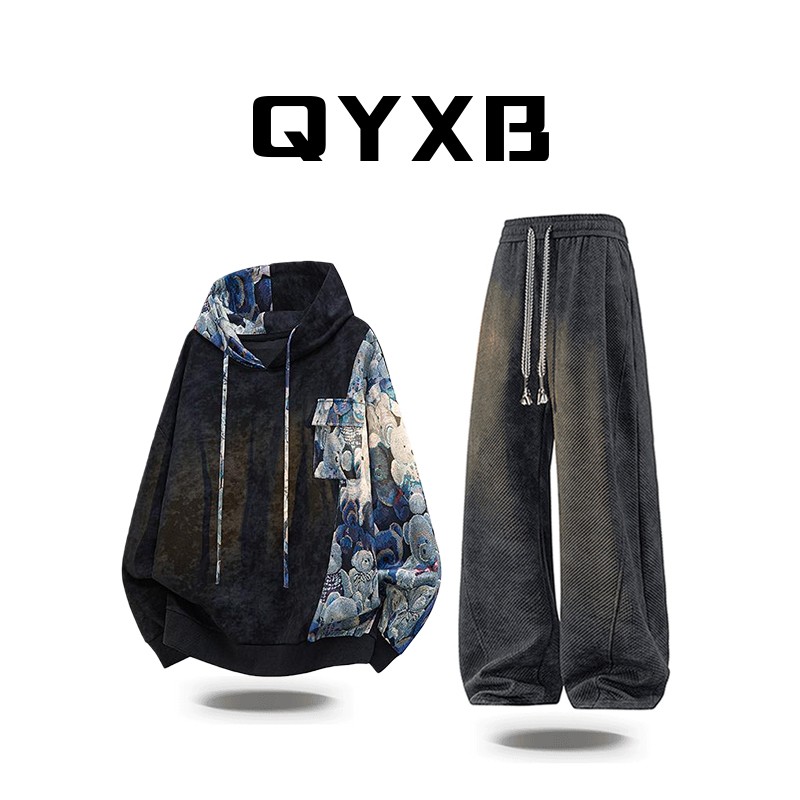 品牌正品现货】QYXB秋季新款连帽扎染国风卫衣套头上衣痞帅男装