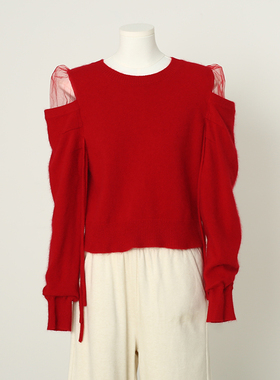 专柜699【伊NF】兔毛+绵羊毛网纱拼接露肩针织衫 ~25冬新款女装