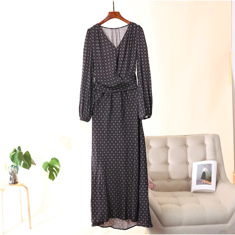 100~桑蚕丝轻熟风气质印花V领系带显瘦长款连衣裙 ~26春新款女装