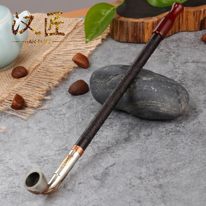 汉匠老式白铜镶花旱烟袋锅子手工紫光檀雕刻实木烟杆传统男士烟斗_虎窝淘