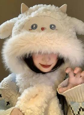 Winter thick plush two-piece set with integrated scarf毛绒帽