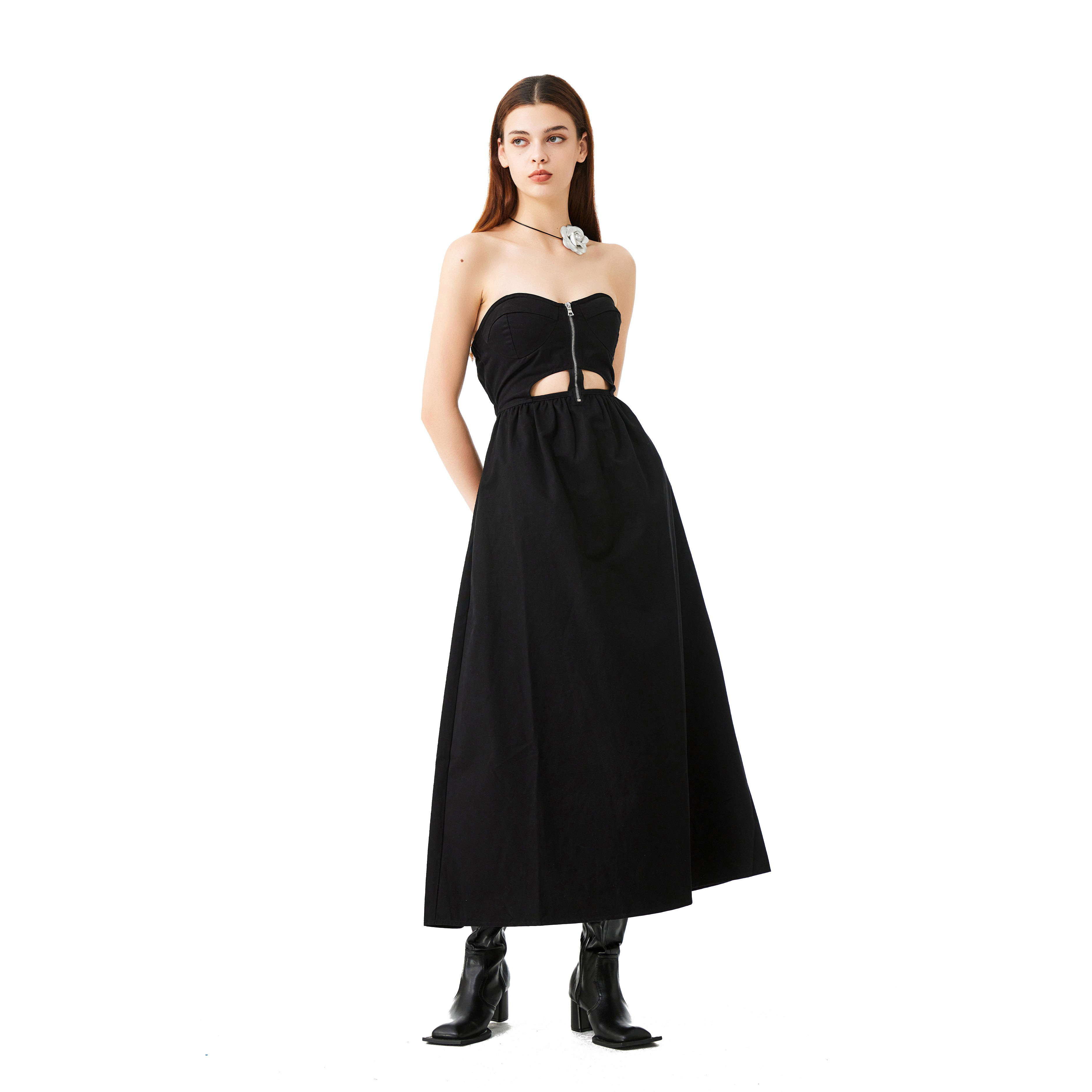 YJ1NGZYZJ 休闲简约拉链礼服裙收腰设计显瘦纯色连衣裙女夏季新款