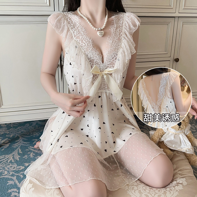 DZ瑰若性感诱惑低胸睡衣深V火辣露背纯欲网纱冰丝吊带裙套装5205