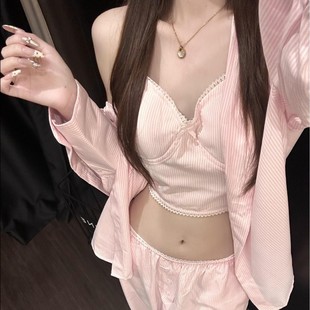家居服套装 甜美碎花印花睡衣女春秋新款 长裤 大码 亲肤条纹开衫