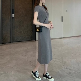 茶歇法式 T恤裙气质掐腰中长裙子 连衣裙女夏季 小个子收腰显瘦短袖