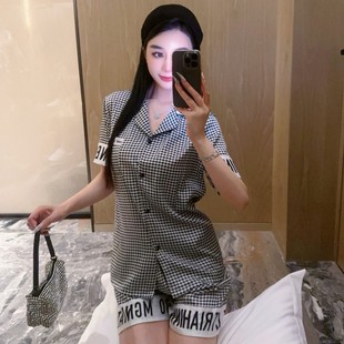 睡衣女 情侣睡衣夏冰丝薄款 凉感仿真丝千鸟格家居服男短袖 短裤 套装