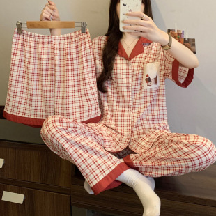 纯棉短袖 睡衣女夏季 撞色格纹小狗宽松居家慵懒风家居服套装