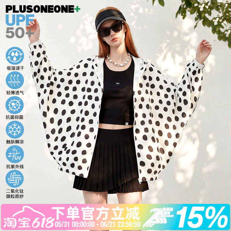 PLUSONEONE波谱艺术笔触波点印花UPF50+原纱凉感蝙蝠袖宽松防晒衣