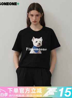 【明星同款】PLUSONEONE小狗头像印花夏季宽松短袖纯棉T恤男女款